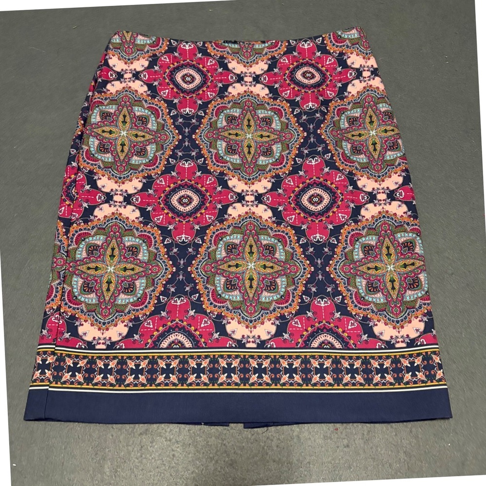 Talbots Pencil Skirt Women 14 Navy Medallion Paisley Print Boho Preppy Core